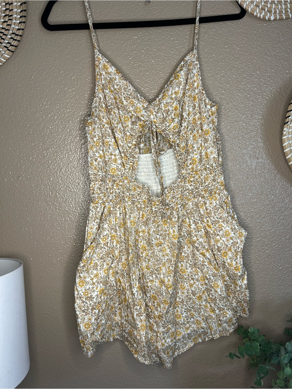 American Eagle Outfitters Yellow Floral Tie-Front Camisole Romper